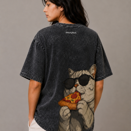 StitchyRich Cool Pizza Cat Oversized Acid Wash T-Shirt